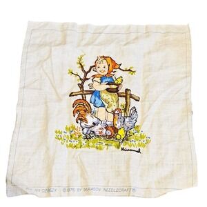 Vtg 1976 Hummel Paragon Needlecraft Completed Embroidery Girl Feeding Chickens